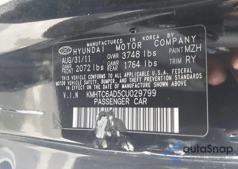 2012 Hyundai Veloster Base W/Gray z USA, uszkodzony, nr VIN KMHTC6AD5CU029799